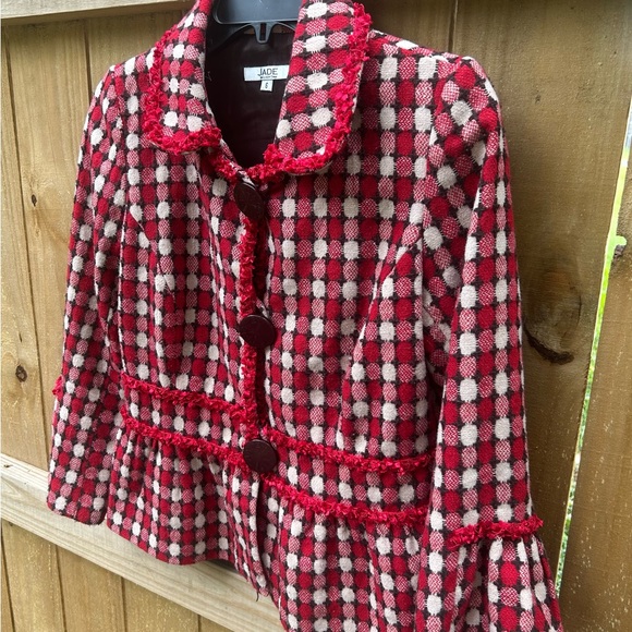 Jade Red and Cream Ruffle Checkered Jacket size 6 Retro - Picture 5 of 11